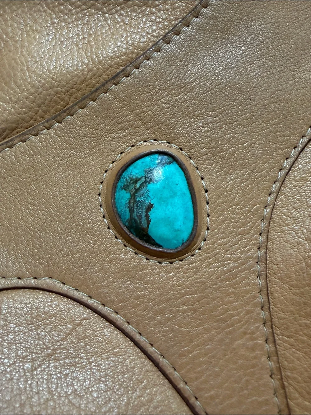Handmade Tan Leather Big Pocket Bag with Turquoise Touchstone